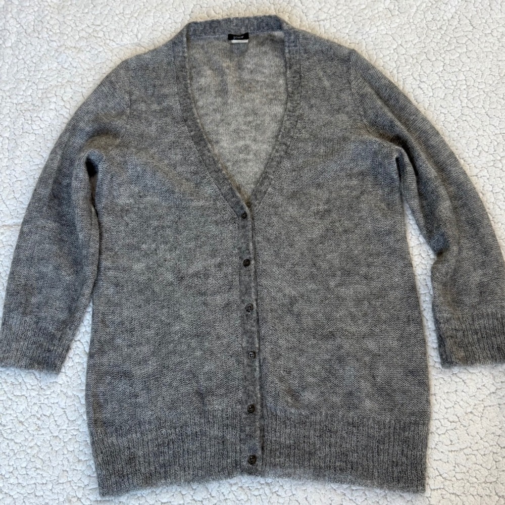 J.Crew Gray Mohair‎ Wool Blend Cardigan Sweater – Fuzzy Knit – Size Large Y2K
